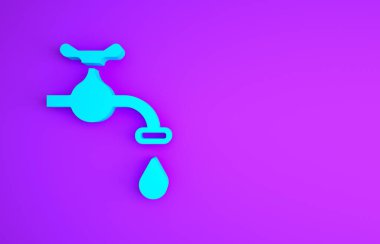 Mor arka planda izole edilmiş düşen bir su damlası ikonu olan Mavi Su musluğu. Minimalizm kavramı. 3d illüstrasyon 3B canlandırma.