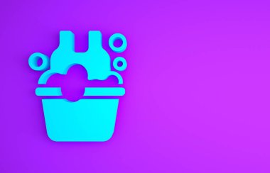 Mor arka planda izole edilmiş mavi plastik leğen. Sulu kase. Çamaşır yıkama, temizlik malzemeleri. Minimalizm kavramı. 3d illüstrasyon 3B canlandırma.