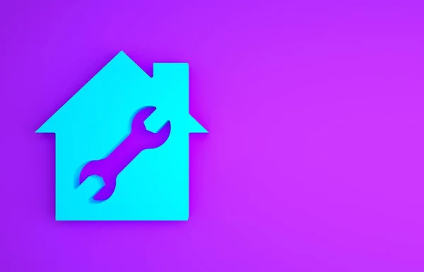 Blauw Huis Huis Met Moersleutel Pictogram Geïsoleerd Paarse Achtergrond Aanpassen — Stockfoto