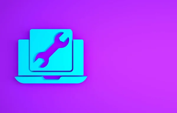 紫色の背景に隔離されたレンチアイコンを持つブルーノートパソコン サービス メンテナンス 最小限の概念 3Dイラスト3Dレンダリング — ストック写真