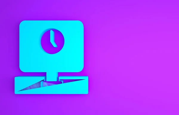 青いコンピュータは 紫色の背景に隔離された時間アイコンを監視します 電子機器だ 正面図 最小限の概念 3Dイラスト3Dレンダリング — ストック写真