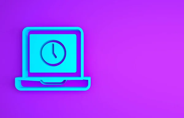 Blue Laptop Time Icon Isolated Purple Background Computer Notebook Empty — Stock Photo, Image