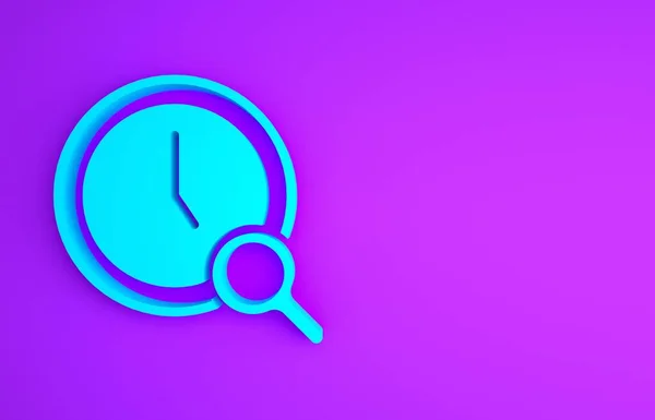 青紫色の背景に時計のアイコンでガラスを拡大します 時計検索 最小限の概念 3Dイラスト3Dレンダリング — ストック写真
