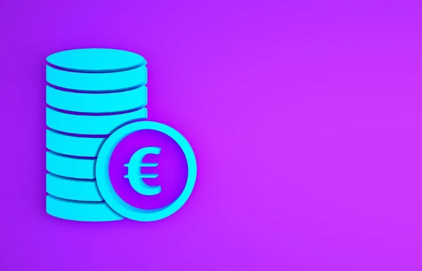 紫の背景に孤立ユーロ記号アイコンとブルーコインお金 銀行の通貨記号 現金記号 最小限の概念 3Dイラスト3Dレンダリング — ストック写真