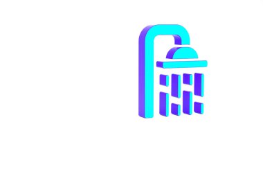 Beyaz zemin üzerinde su damlaları akan bir ikon bulunan turkuaz duş başlığı izole edildi. Minimalizm kavramı. 3d illüstrasyon 3B canlandırma.