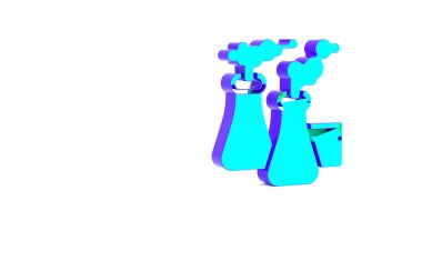 Fabrika ikonundan çıkan turkuaz duman beyaz arka planda izole edildi. Çevre kirliliği sorunu, fabrika duman boruları, ekoloji endüstriyel zarar. Minimalizm kavramı. 3d illüstrasyon 3B canlandırma.