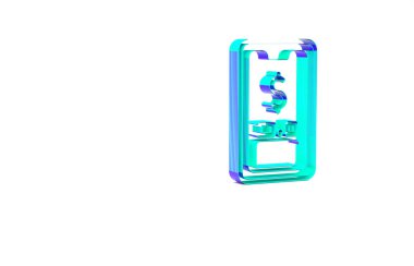 Beyaz arkaplanda dolar sembolü olan turkuaz akıllı telefon. İnternetten alışveriş konsepti. Finansal cep telefonu simgesi. Çevrimiçi ödeme. Minimalizm kavramı. 3d illüstrasyon 3B canlandırma.