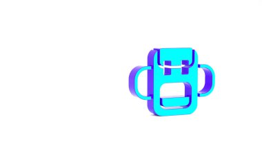 Turkuaz okul sırt çantası simgesi beyaz arkaplanda izole edildi. Minimalizm kavramı. 3d illüstrasyon 3B canlandırma.