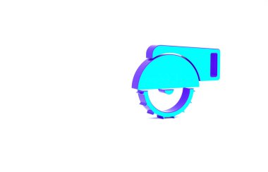 Beyaz zemin üzerinde çelik dişli disk ikonu olan turkuaz elektrikli testere. Tahta ya da metal kesmek için elektrikli el aleti. Minimalizm kavramı. 3d illüstrasyon 3B canlandırma.