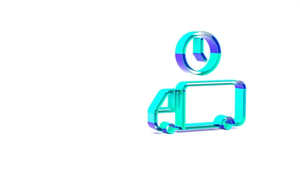 ターコイズロジスティクス配信トラックと白の背景に隔離された時間アイコン 配達時間のアイコン 最小限の概念 3Dイラスト3Dレンダリング — ストック写真