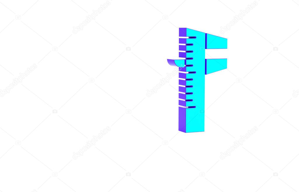 Turquoise Calliper or caliper and scale icon isolated on white background. Precision measuring tools. Minimalism concept. 3d illustration 3D render.