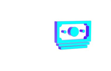 Turkuaz yığınları kağıt para para ikonu beyaz arka planda izole. Para desteleri. Para birimi. Minimalizm kavramı. 3d illüstrasyon 3B canlandırma.