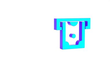 Turkuaz ATM - Otomatik veznedar ve para ikonu beyaz arka planda izole edildi. Minimalizm kavramı. 3d illüstrasyon 3B canlandırma.