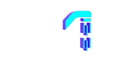 Beyaz zemin üzerinde su damlaları akan bir ikon bulunan turkuaz duş başlığı izole edildi. Minimalizm kavramı. 3d illüstrasyon 3B canlandırma.