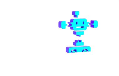 Turkuaz parçalanmış robot simgesi beyaz arkaplanda izole edildi. Yapay zeka, makine öğrenme, bulut hesaplama. Minimalizm kavramı. 3d illüstrasyon 3B canlandırma.