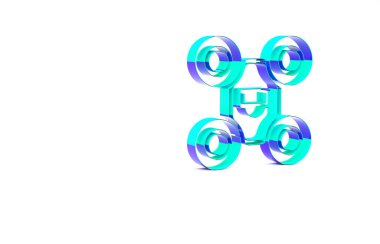 Turkuaz İHA uçan ikonu beyaz arka planda izole edildi. Video ve fotoğraf makinesi sembollü dörtlü helikopter. Minimalizm kavramı. 3d illüstrasyon 3B canlandırma.