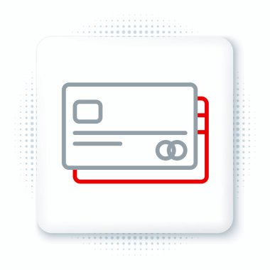 Çizgi kredi kartı simgesi beyaz arkaplanda izole edildi. Çevrimiçi ödeme. Nakit çekilmesi. Finansal operasyonlar. Alışveriş tabelası. Renkli taslak konsepti. Vektör.