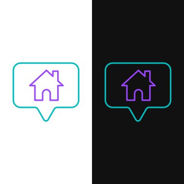 Beyaz ve siyah arkaplanda ev simgesi olan çizgi haritası işaretçisi. Ev konumu belirleyici sembol. Renkli taslak konsepti. Vektör.