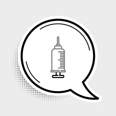 Gri arka planda izole edilmiş evcil hayvan aşısı ikonu olan çizgi şırıngası. Köpek ya da kedi pençesi izi. Renkli taslak konsepti. Vektör.