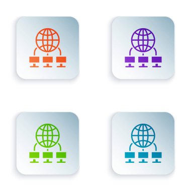 Renkli Bilgisayar ağı simgesi beyaz arkaplanda izole edildi. Laptop ağı. İnternet bağlantısı. Kare düğmelere renkli simgeleri yerleştir. Vektör İllüstrasyonu.