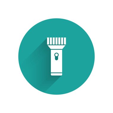 Uzun gölgeli dalgıç simgesi için beyaz el feneri. Su altı ekipmanları. Yeşil daire düğmesi. Vektör.