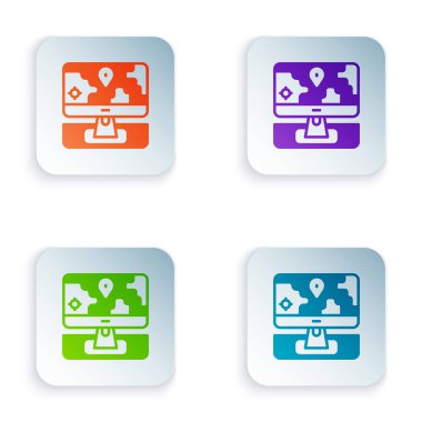 Renkli bilgisayar monitörü ve katlanmış harita beyaz arkaplanda izole edilmiş konum imleci simgesi. Kare düğmelere renkli simgeleri yerleştir. Vektör.