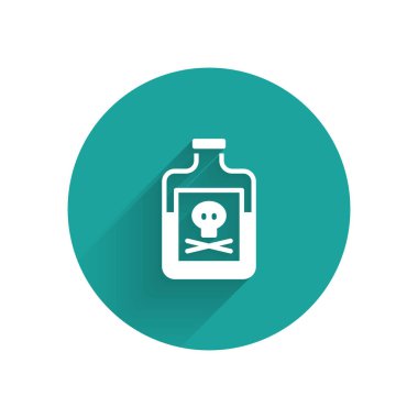 Şişe ikonundaki beyaz zehir uzun gölgeli. Bir şişe zehir ya da zehirli kimyasal toksin. Yeşil daire düğmesi. Vektör.