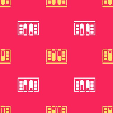 Su damlası ikonlu sarı test tüpü kırmızı zeminde izole edilmiş pürüzsüz desen. Vektör.