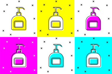 Renk arkaplanında izole edilmiş şeker simgesi olan bir şişe sıvı antibakteriyel sabun ayarla. Antiseptik. Dezenfeksiyon, hijyen, cilt bakımı. Vektör.