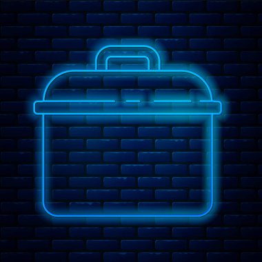 Parlayan neon hattı tuğla duvar arkasında izole edilmiş tencere ikonu. Haşlama ya da güveç besin sembolü. Vektör.