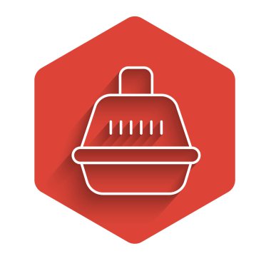 Beyaz çizgi Hayvanlar uzun gölgeli bir kutu ikonu taşıyorlar. Hayvanlar, köpekler ve kediler için taşıyıcı. Hayvanlar için konteynır. Hayvan taşıma kutusu. Kırmızı altıgen düğmesi. Vektör.