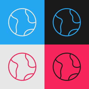 Pop sanat çizgisi Dünya ikonu renk arkaplanında izole edilmiş. Dünya ya da Dünya işareti. Küresel internet sembolü. Geometrik şekiller. Vektör.