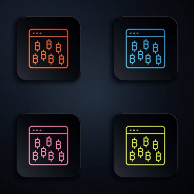 Renkli neon hattı Kripto para birimi simgesi Bitcoin siyah arka planda izole edildi. Madeni para. Engelleme zinciri tabanlı şifreli para birimi. Kare düğmelere simgeleri yerleştir. Vektör.