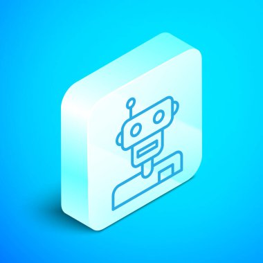 Isome çizgisi robot simgesi mavi arkaplanda izole edildi. Gümüş kare düğme. Vektör.