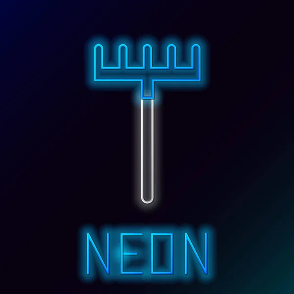 Glödande Neon Linje Trädgård Kratta Ikon Isolerad Svart Bakgrund Verktyg — Stock vektor