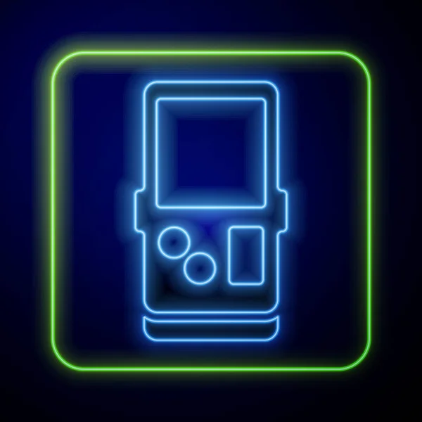 Néon Brilhante Ícone Jogo Eletrônico Portátil Tetris Isolado Fundo Azul — Vetor de Stock