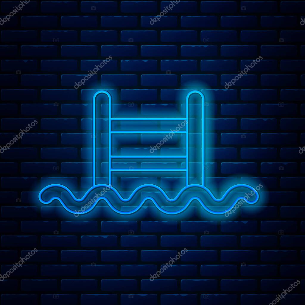 Glowing neon line Swimming pool with ladder icon isolated on brick wall background.  Vector.