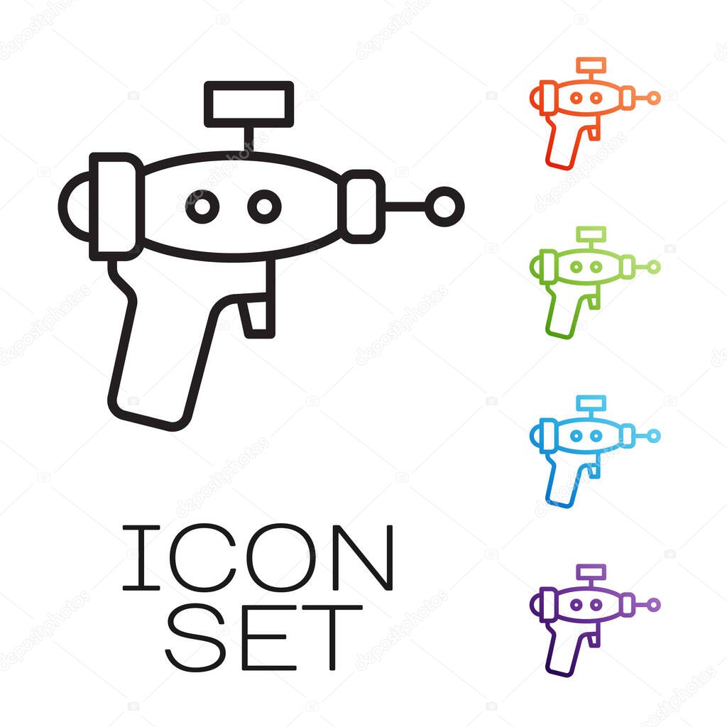 Black line Ray gun icon isolated on white background. Laser weapon. Space blaster. Set icons colorful. Vector.