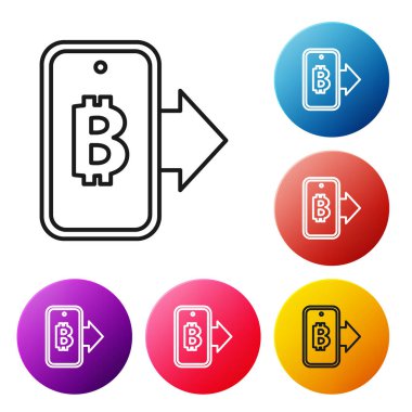 Siyah çizgi, beyaz arka planda izole edilmiş mobil ikondan bitcoin çıkartıyor. Kripto para birimi madenciliği, engelleme zinciri teknoloji servisi. Renkli daire düğmelerini ayarlayın. Vektör.