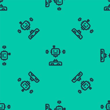 Mavi çizgi parçalanmış robot simgesi yeşil arka planda izole edilmiş. Yapay zeka, makine öğrenme, bulut hesaplama. Vektör.