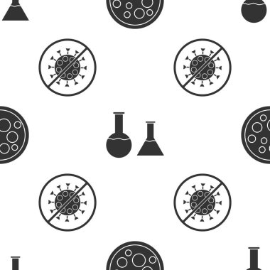 Virüsü, deney tüpünü ve matarayı ayarla ve virüsü kusursuz bir şekilde durdur. Vektör.