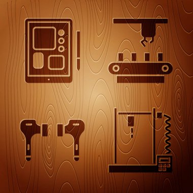 3D yazıcı, grafiksel tablet, hava kulaklığı ve fabrika taşıma sistemi kayışını tahta zemine yerleştir. Vektör.