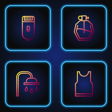 Çizgili kolsuz tişört, duş başlığı, elektrikli saç makası, traş makinesi ve parfüm. Renk simgeleri. Vektör.