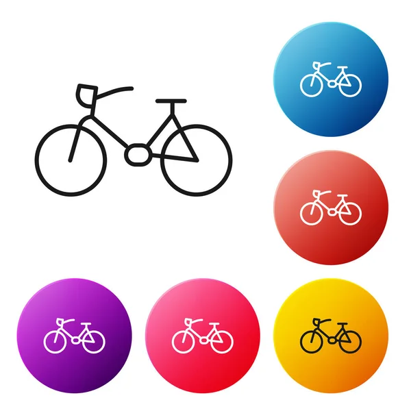 黑线自行车图标隔离在白色背景 自行车比赛 极限运动 运动器材 设置彩色圆形按钮图标 — 图库矢量图片
