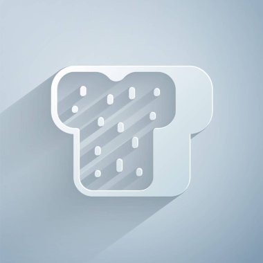 Gri arka planda izole edilmiş kızarmış ekmek dilimi için kağıt kesimi tost. Öğle yemeği, akşam yemeği, kahvaltı atıştırmalığı. Kağıt sanatı tarzı. Vektör.