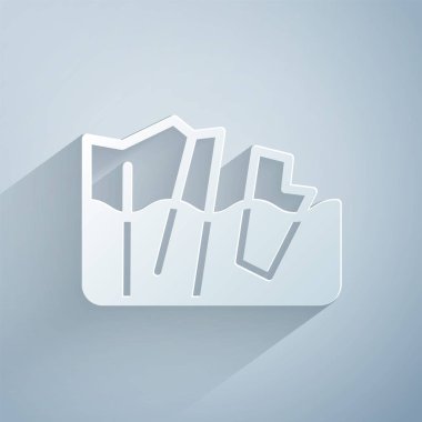 Kağıt kesiği Buzul eritme simgesi gri zeminde izole edildi. Kağıt sanatı tarzı. Vektör.