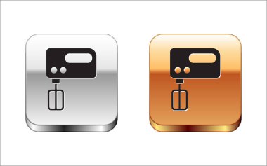 Siyah Elektrik karıştırıcı simgesi beyaz arkaplanda izole edildi. Mutfak blenderi. Gümüş-altın kare düğme. Vektör.