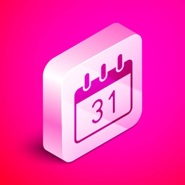 Pembe arkaplanda izole edilmiş Isometric Takvim simgesi. Olay hatırlatma sembolü. Mutlu Noeller ve mutlu yıllar. Gümüş kare düğme. Vektör.