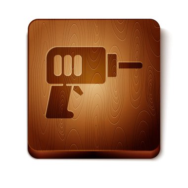 Kahverengi elektrikli matkap simgesi beyaz arkaplanda izole edildi. Tamir aleti. Tahta kare düğme. Vektör.