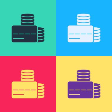 Pop sanat kredi kartı simgesi renk arkaplanında izole edildi. Çevrimiçi ödeme. Nakit çekilmesi. Finansal operasyonlar. Alışveriş tabelası. Vektör.